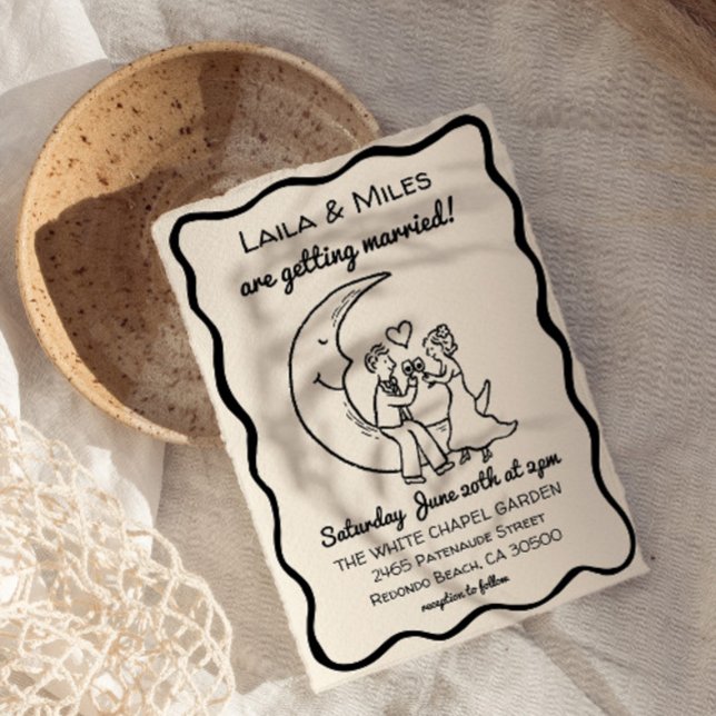 Reserva La Fecha Hand Drawn Whimsical Moon wedding invitation (Whimsical Moon Wedding invitation, Modern hand drawn invite)
