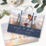 Reserva La Fecha Hand Lettered 3 Image Navy Blue<br><div class="desc">Pick the best pictures from your engagement shoot or your favorite pictures of the two of you for this perfect save the date. The words save the date are handwritten to give a personal feel to the card. The front has 3 images and the back has a large image with...</div>