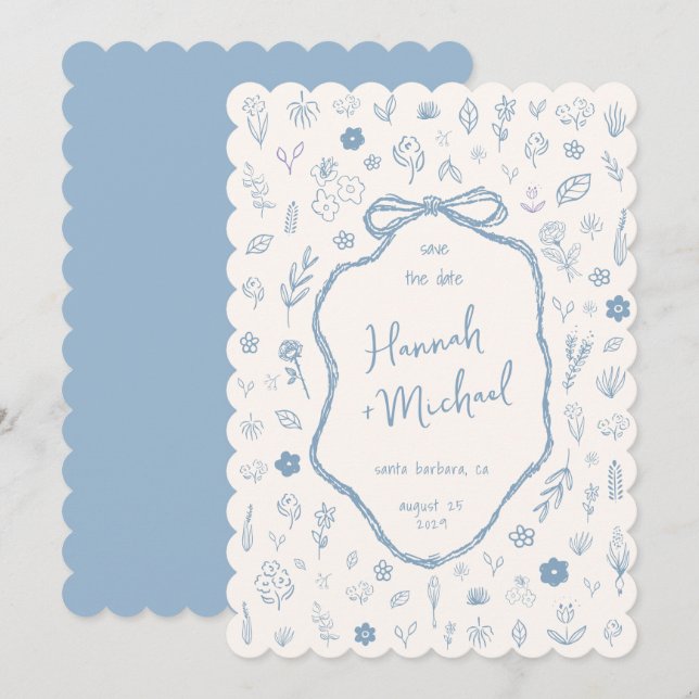 Reserva La Fecha Hand Written Drawn Blue Flowers Winter Wedding (Anverso / Reverso)