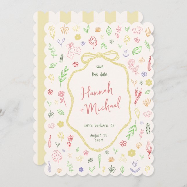 Reserva La Fecha Hand Written Drawn Pastel Flowers Spring Wedding (Anverso / Reverso)