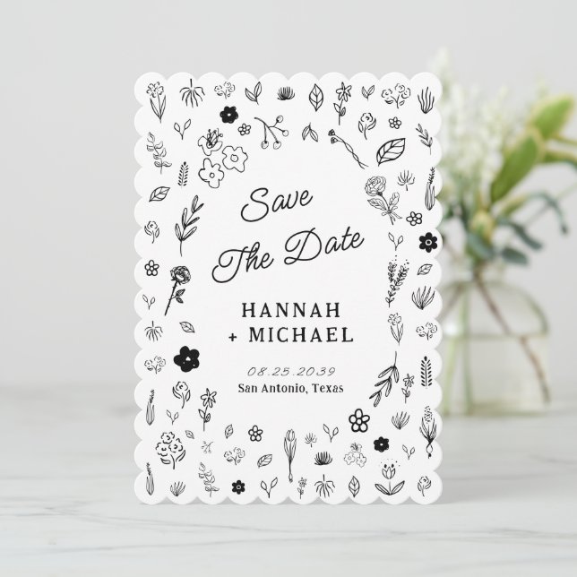 Reserva La Fecha Hand Written Drawn Sketch Flowers Wedding (Anverso de pie)