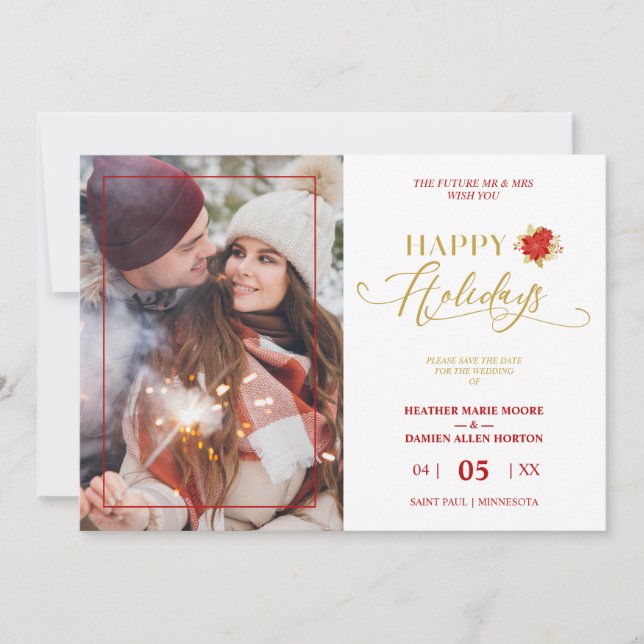 Reserva La Fecha Happy Holidays Poinsettias Wreath Photo Wedding (Anverso)