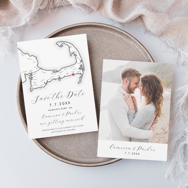 Reserva La Fecha Harwich Port MAMÁ Cape Cod Map Black White Boda (Harwich Port MA Cape Cod Map Save the Date with Photo in Elegant Modern Black and White)
