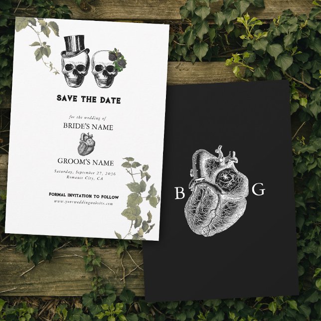 Reserva La Fecha Hasta la muerte Boda de cráneos florales góticos e (Til Death Gothic Heart Floral Skulls Wedding Save The Date)