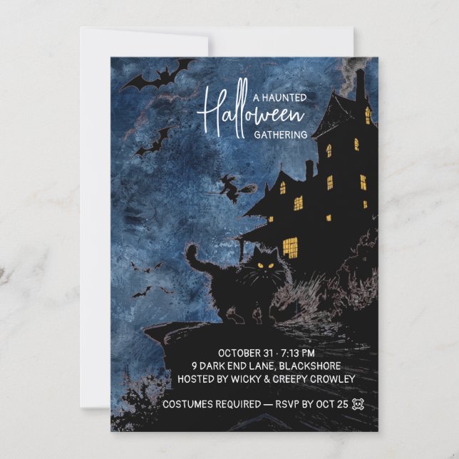 Reserva La Fecha Haunted House Halloween Party Invitation – Blue (Anverso)