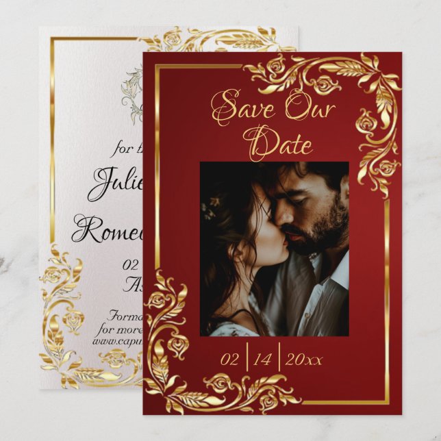 Reserva La Fecha Heart, Photo & Gold Frame on Ruby Red (Anverso / Reverso)