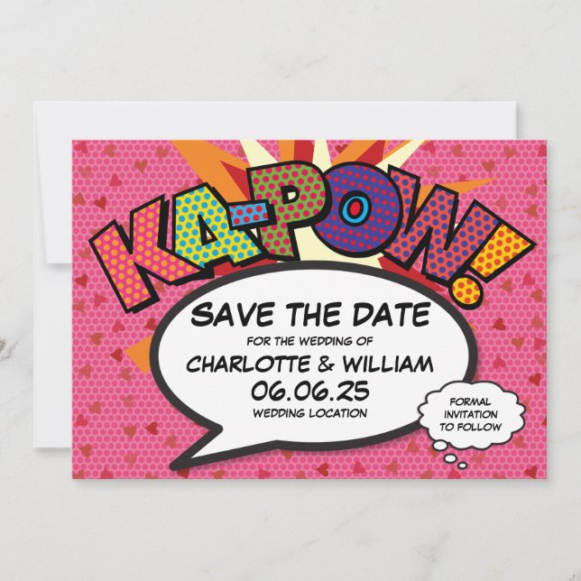 Reserva La Fecha Hearts Confetti Modern Comic Wedding Save The Date (Anverso)