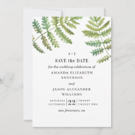 Reserva La Fecha Helecho acuarela. Verde follaje de bosque boda