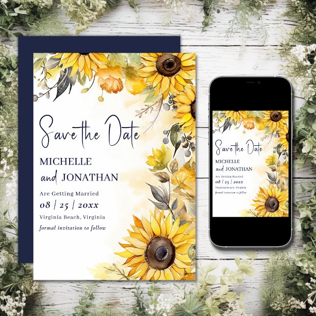 Reserva La Fecha Hermosa acuarela Boda floral de girasol (Printed and Digital - Beautiful Watercolor Sunflower Floral Wedding Save The Date)