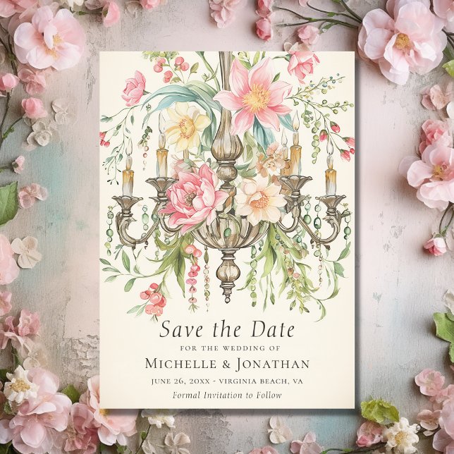 Reserva La Fecha Hermosa Boda de araña floral (Front - Beautiful Watercolor Floral Chandelier Wedding Save The Date)