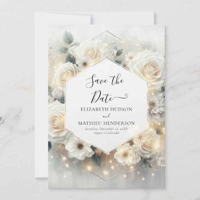 Reserva La Fecha Hermosa Moda Boda de rosas blancas (Anverso)