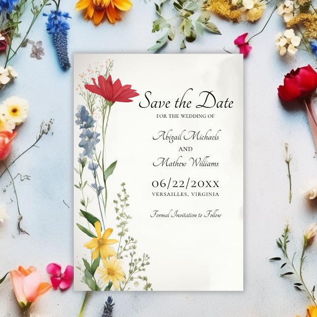 Reserva La Fecha Hermosa naturaleza de flores silvestres Boda flora (Front - Beautiful Wildflowers Nature Trendy Floral Wedding Save The Date)