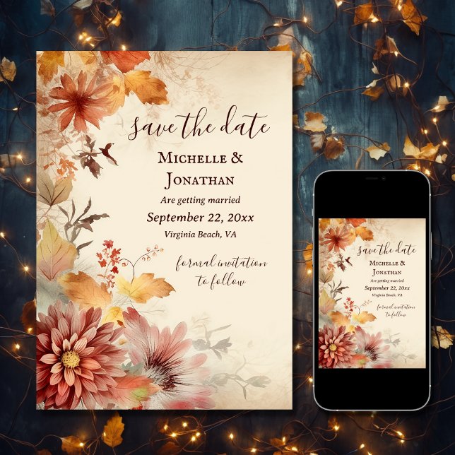 Reserva La Fecha Hermosas flores de otoño caen Boda floral (Printed and Digital - Beautiful Autumn Flowers Fall Floral Wedding Save The Date)
