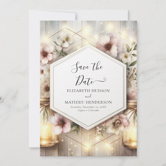 Reserva La Fecha Hermoso Boda Botánico Mason Jar (Anverso)