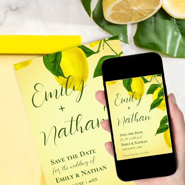 Reserva La Fecha Hermoso Boda de cítricos amarillo pálido limón lin (Subido por el creador)