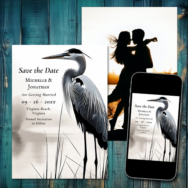Reserva La Fecha Hermoso Boda fotográfico de aves costeras de la ga (Beautiful Blue Heron Coastal Bird Photo Wedding Save The Date)