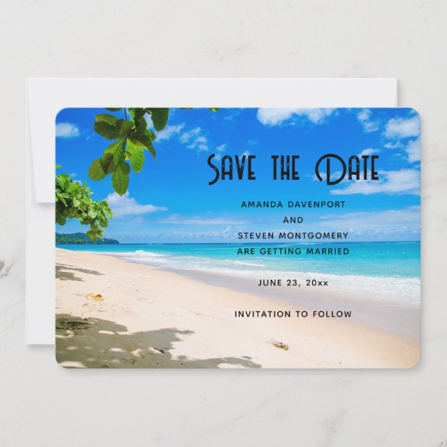 Reserva La Fecha Hermoso Boda fotográfico Sunny Tropical Beach (Anverso)