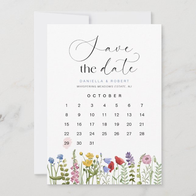 Reserva La Fecha Hermoso calendario floral de Boda de flores silves (Anverso)
