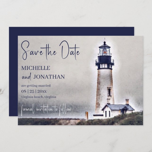 Reserva La Fecha Hermoso faro Nautical Beach Wedding (Anverso / Reverso)