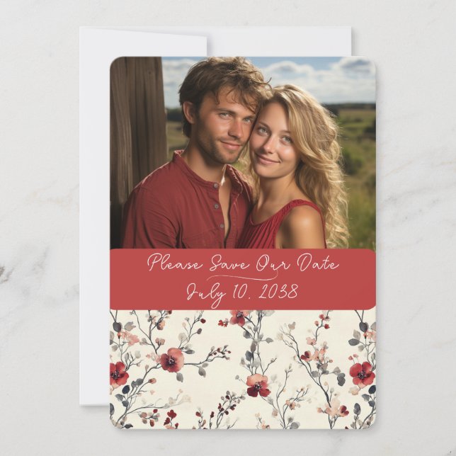 Reserva La Fecha Hermoso floral elegante rojo y rosa (Anverso)