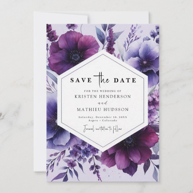 Reserva La Fecha Hermoso Romance Purple Floral Boda (Anverso)