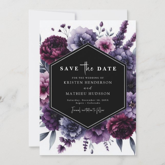 Reserva La Fecha Hermoso Romántico Boda Morado Floral (Anverso)
