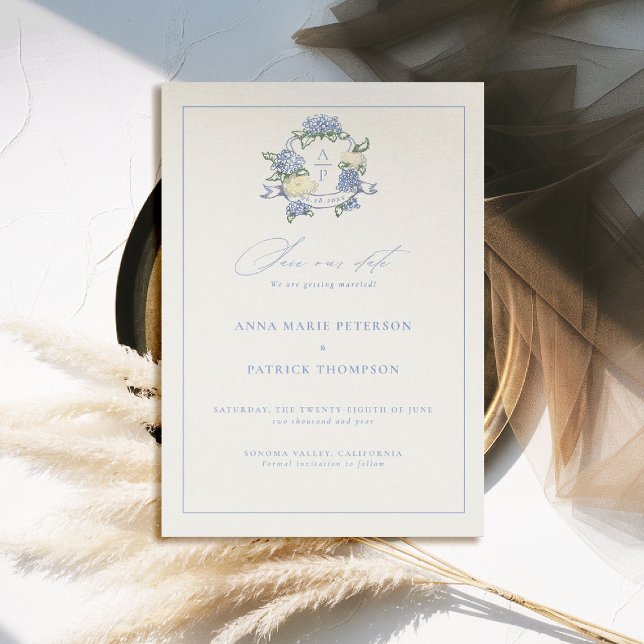 Reserva La Fecha Hidrangea Escudo Periwinkle Boda Elegante Azul (formal wedding save the date modern classic traditional frame hydrangea crest old money blue )