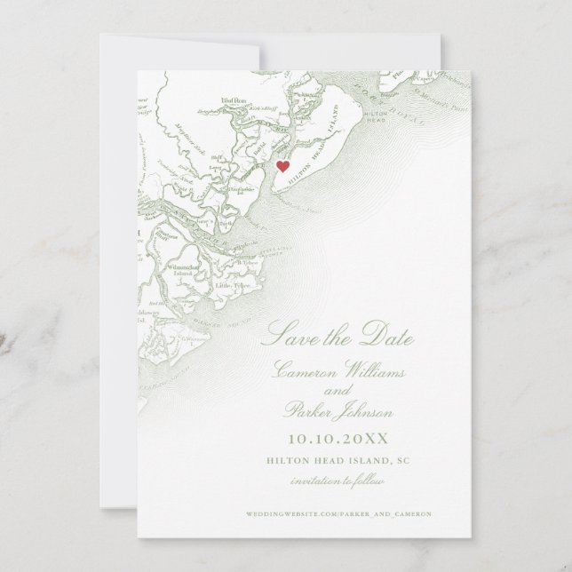 Reserva La Fecha Hilton Head SC Map Sage Green Elegant Wedding (Anverso)