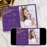 Reserva La Fecha Hoja de oro y caligrafía Fotografía púrpura<br><div class="desc">Elegante Hoja de Oro y Púrpura Salven la Fecha con su propia foto y una caligrafía con letras a mano ornamentadas. La plantilla está configurada para que subas una imagen del membrete y la personalizes con tu fecha de celebración. El diseño tiene hojas trazadas de líneas finas y hojas de...</div>