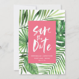 Reserva La Fecha Hoja tropical de palma y guion color de agua rosa