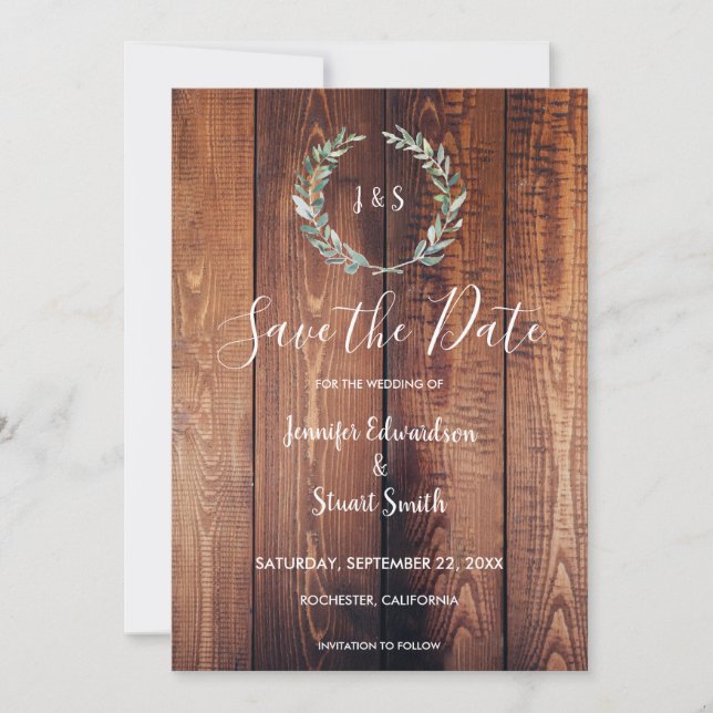 Reserva La Fecha Hojas acuarelas en un boda de fotografía de madera (Anverso)