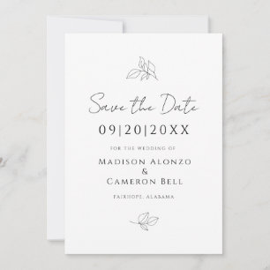Reserva La Fecha Hojas Botánicas de Boda Elegantes en Blanco y Negr