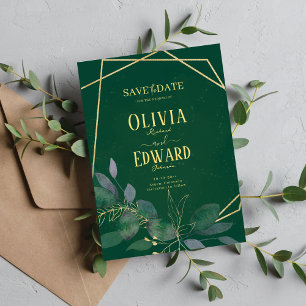 Reserva La Fecha Hojas de marco geométrico verde y oro