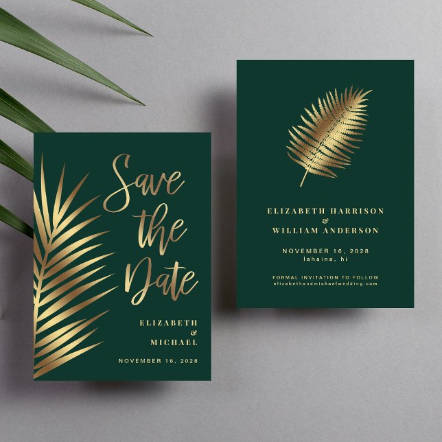 Reserva La Fecha Hojas de palma tropicales elegantes verde dorado (Our user-friendly template allows you to easily tailor the save the date announcement to your event)
