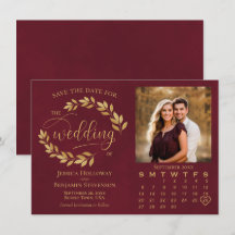 Hojas doradas en foto y calendario de boda en colo