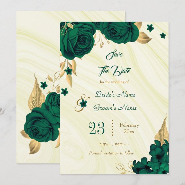 Reserva La Fecha hojas florales de oro verde esmeralda elegante (Anverso / Reverso)