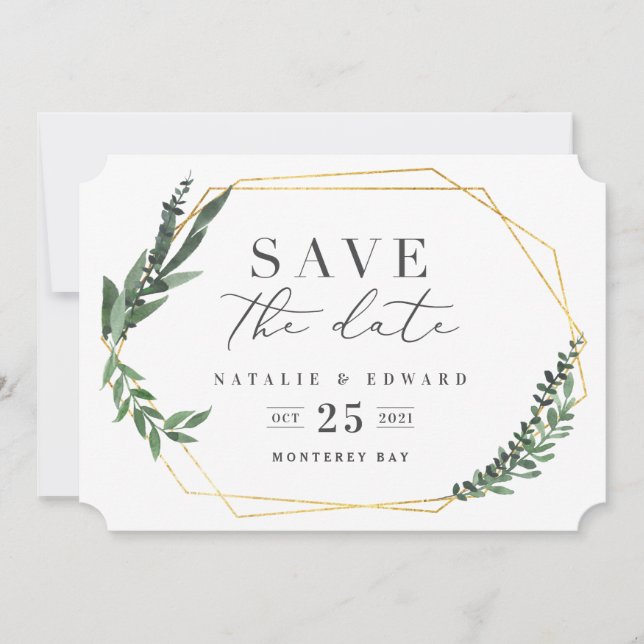 Reserva La Fecha hojas geométricas doradas en acuarela (Anverso)