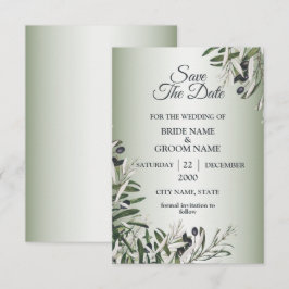 Reserva La Fecha Hojas Verdes Oliva Negra Boda Elegante