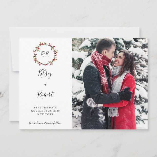 Reserva La Fecha Holly Berries Wreath Save the Date (Anverso)