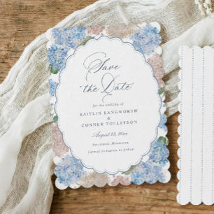 Reserva La Fecha Hortensia Azul Oval Elegante Floral Vintage Boda