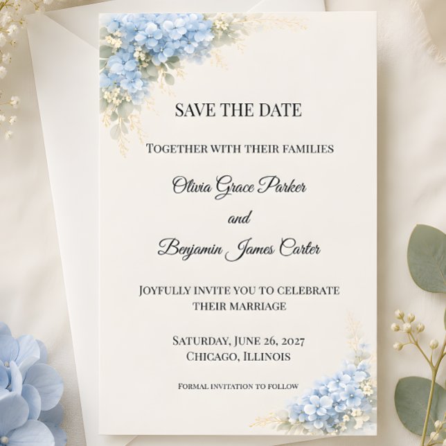 Reserva La Fecha Hortensia Azul Polvoriento de Lujo (Part of the luxury dusty blue hydrangea wedding collection, save the date)
