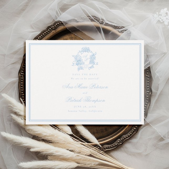 Reserva La Fecha Hortensias Formales Crest Classic Marco de Boda Az (formal wedding save the date modern classic traditional frame hydrangea crest blue periwinkle )