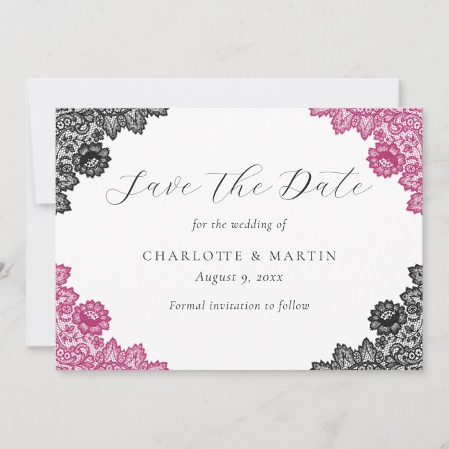 Reserva La Fecha Hot Pink and Black Floral Lace Wedding (Anverso)