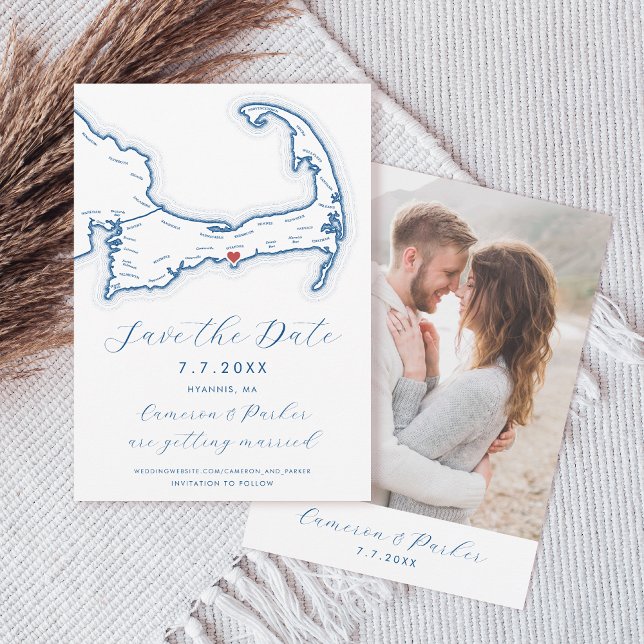 Reserva La Fecha Hyannis MAMÁES Cape Cod Map Boda azul de la Marina (Hyannis MA Cape Cod Map Save the Date with Photo in Elegant Modern navy blue by Coastal Map Designs)