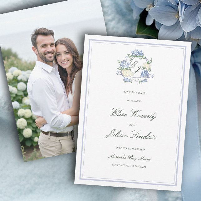 Reserva La Fecha Hydrangea Crest Formal Blue Coastal Photo Wedding (hydrangea wedding save the date photo coastal cottagecore romantic garden formal elegant traditional)