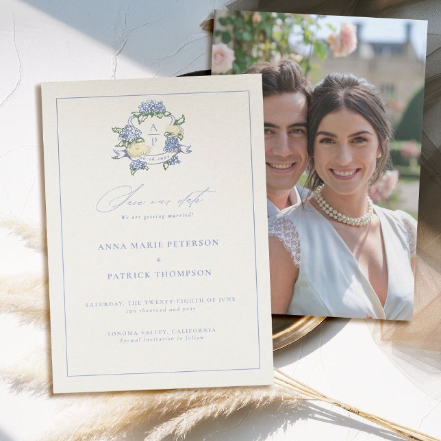 Reserva La Fecha Hydrangea Escudo Blue Elegant Frame Boda de fotogr (hydrangea wedding save the date modern classic traditional frame crest old money blue periwinkle)