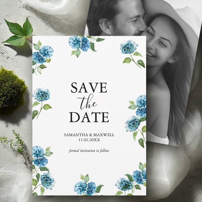 Reserva La Fecha Hydrangea Save The Date With Picture (blue hydrangea save the dates with hand painted watercolor art by Victoria Grigaliunas)