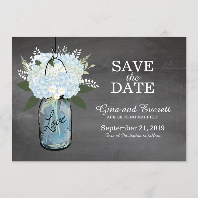 Reserva La Fecha Hydrangeas en frasco de Mason con pizarra | GUARDA (Anverso)