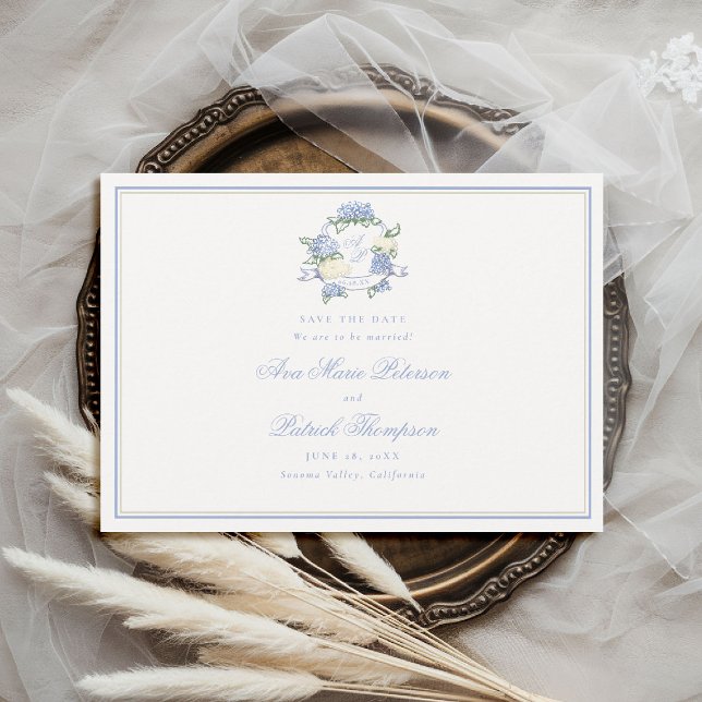 Reserva La Fecha Hydrangeas Formales Cresta Azul Marco de Marfil Bo (formal wedding save the date modern classic traditional frame hydrangea crest blue ivory old money)