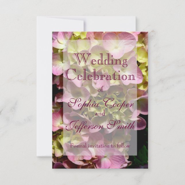 Reserva La Fecha Hydrangeas rosa Boda floral verde rosa amarillo (Anverso)